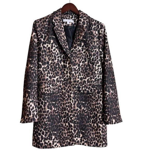 New York & Company 90's Leopard Print Winter Coat Large Snap Buttons Knee Length - Picture 1 of 12